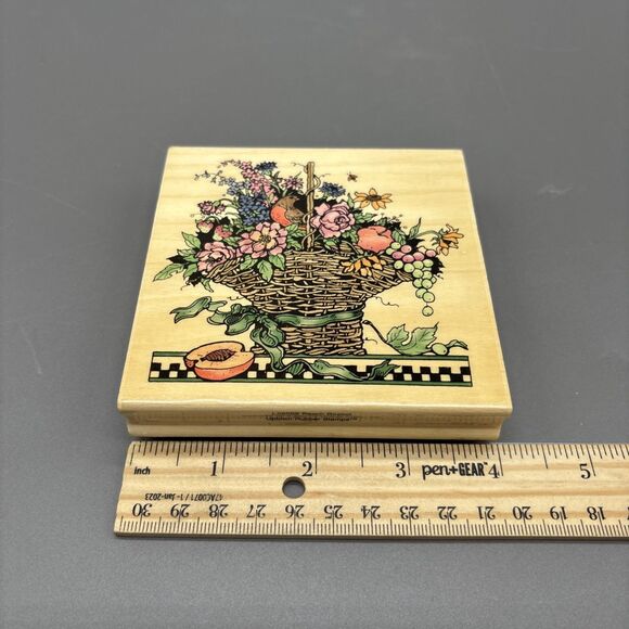 Sandi Gore Evans Wood Rubber Stamp Peach Basket Flowers Bird Fruit 1997 Uptown - Picture 6 of 7